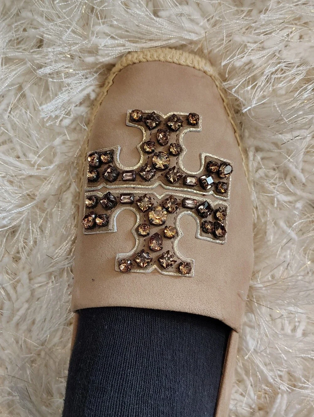 Tory Burch Beige Suede Espadrille Slip-Ons with Embellished Logo New never Worn